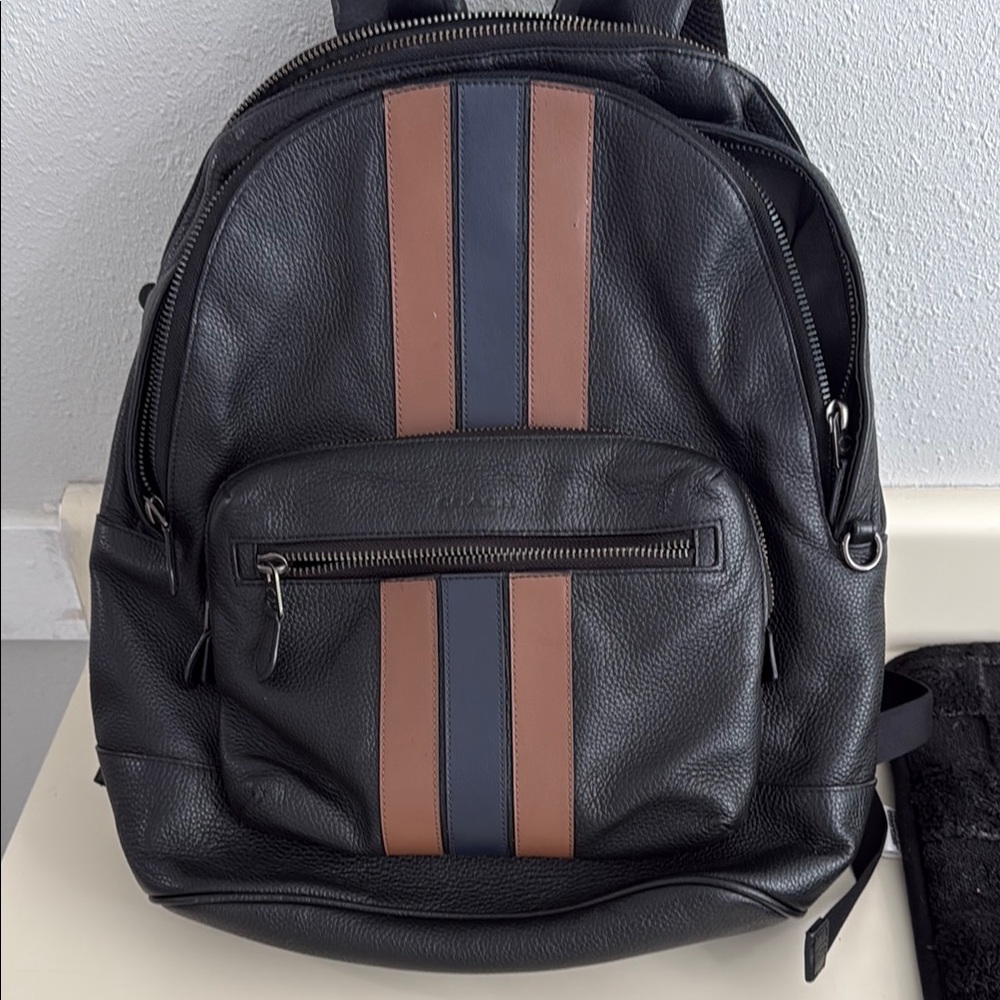 Coach Black and Brown Leather Backpack with Racing Stripes